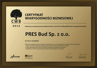 Certyfikat Wiarygodności Biznesowej za rok 2012